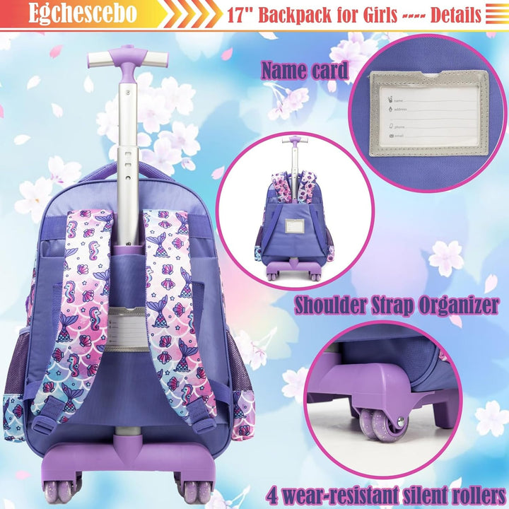 Egchescebo Kinder Rolling Rucksack für Mädchen Fischschwanz Koffer Trolley Roller Gepäck Rucksäcke a