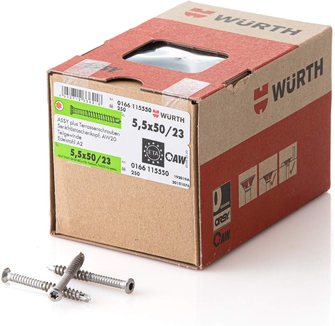 Würth Terrassenbauschraube Edelstahl AW20 5,5X50/23 Teilgewinde 250 Stück/Pack