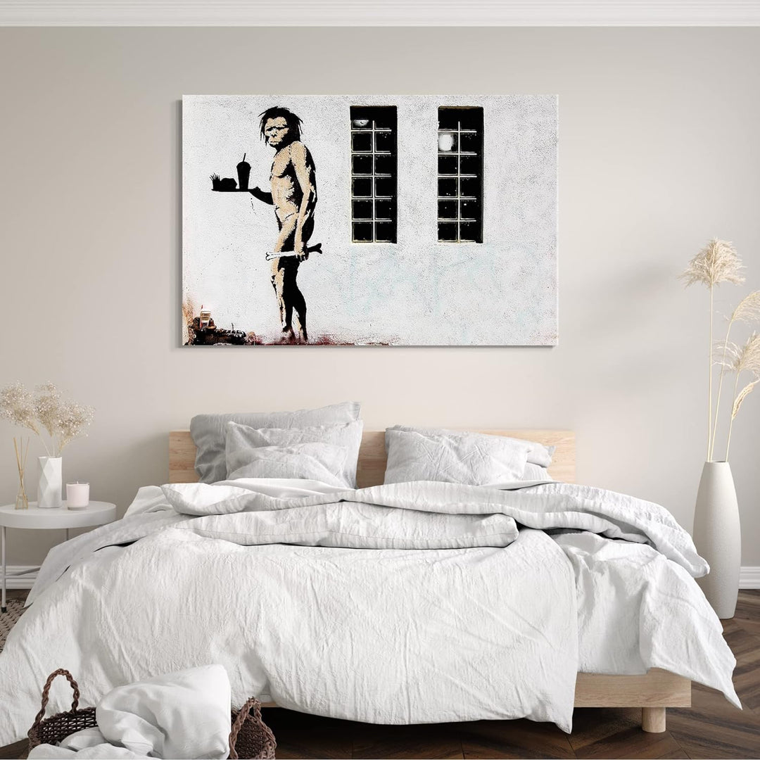 Leinwand (60x40cm): Banksy - Neandertaler mit Knochen und McDonalds Menü Street