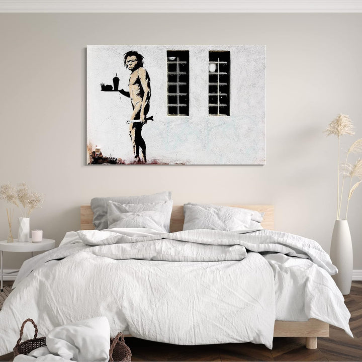 Leinwand (60x40cm): Banksy - Neandertaler mit Knochen und McDonalds Menü Street