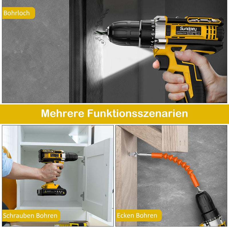 Sundpey Akkuschrauber 21V, Akku Bohrschrauber Set mit 2 Akkus 2.0Ah, 45 Nm Max Akku Bohrmaschine, 2-