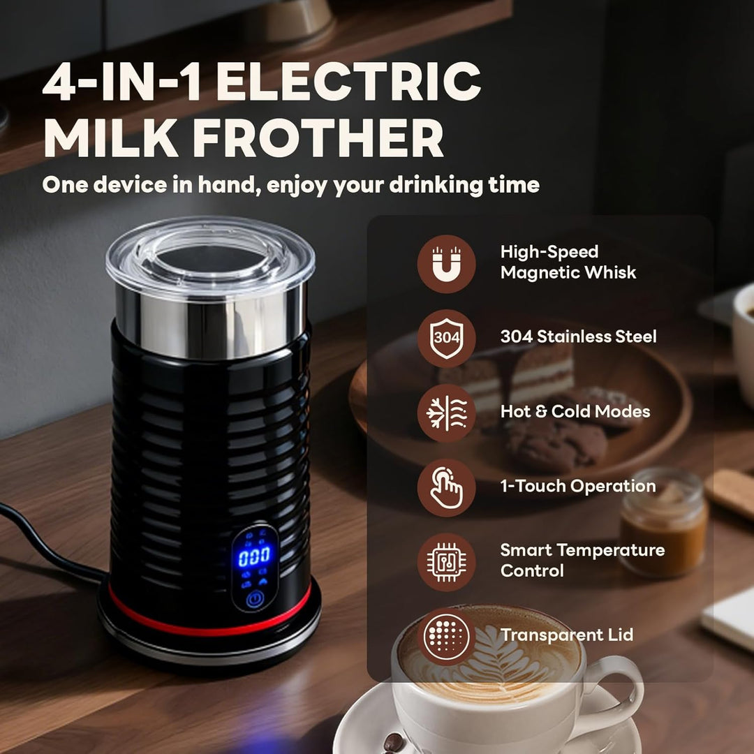 Milchschäumer Elektrisch 4 in 1, Milchaufschäumer Edelstahl 304 für Heisser Kalter Milchschaum, Milc