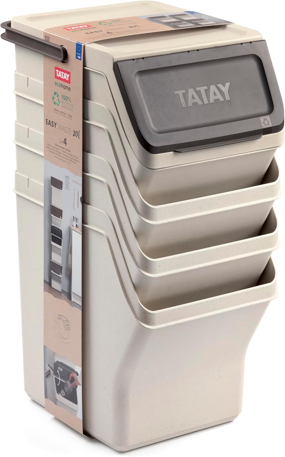 TATAY Mülltrennsystem Easy Waste 20L | 4er Set Recycling Behälter | Modular und Stapelbar | Deckel m