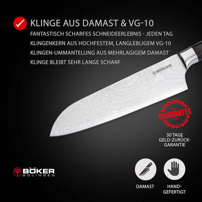 Böker SOLINGEN® Meisterklinge Damast Santoku - extrem scharfes Profi Kochmesser mit 16,5 cm Hybrid D