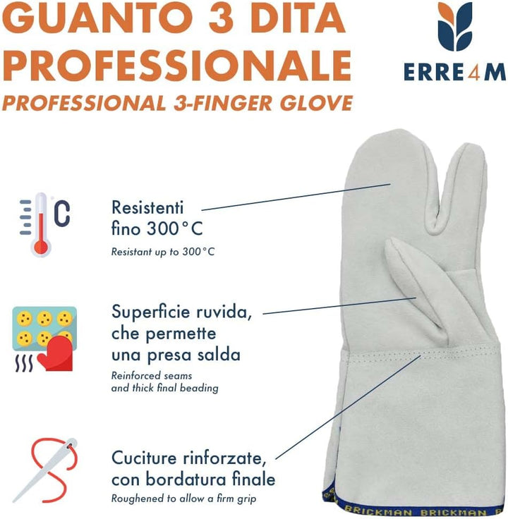 Erre4m Ofenhandschuhe 3 Finger Handgelenk 25 cm Profi Leder 300°C