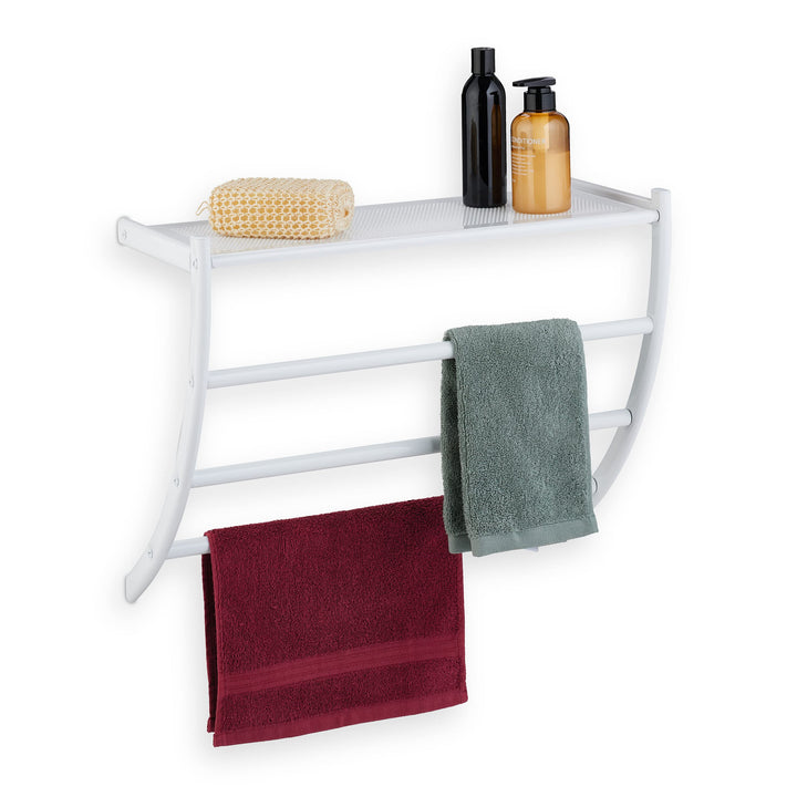 Relaxdays Handtuchhalter Wand, HxBxT: 44 x 56,5 x 23 cm, mit Ablage & 3 Handtuchstangen, Duschtuchha