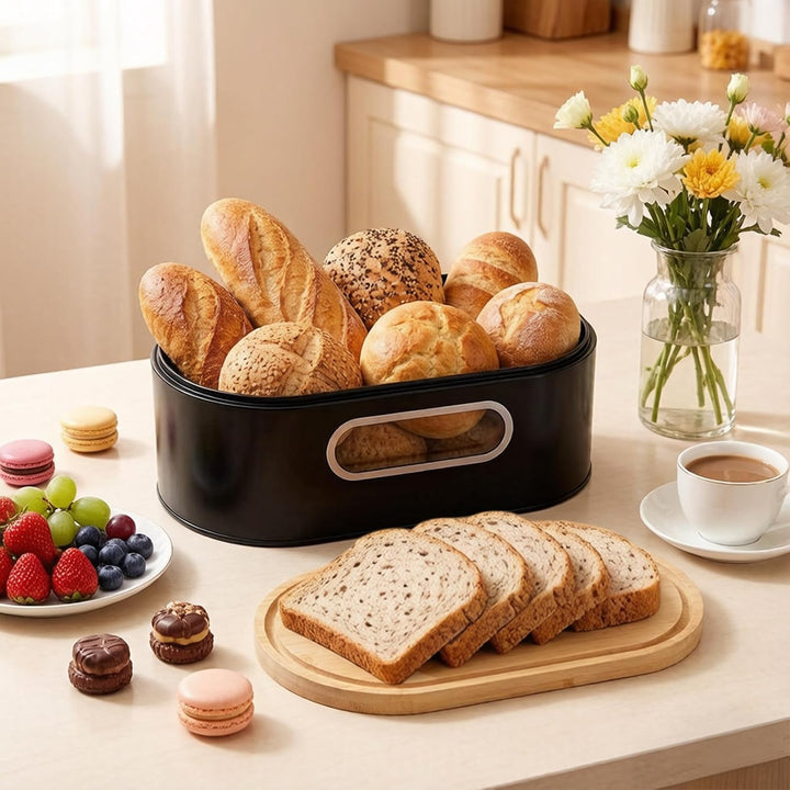Brotkasten mit Bambusdeckel und Leinen-Brotbeutel | Metall Brot Aufbewahren mit Belüftungslöcher, Br