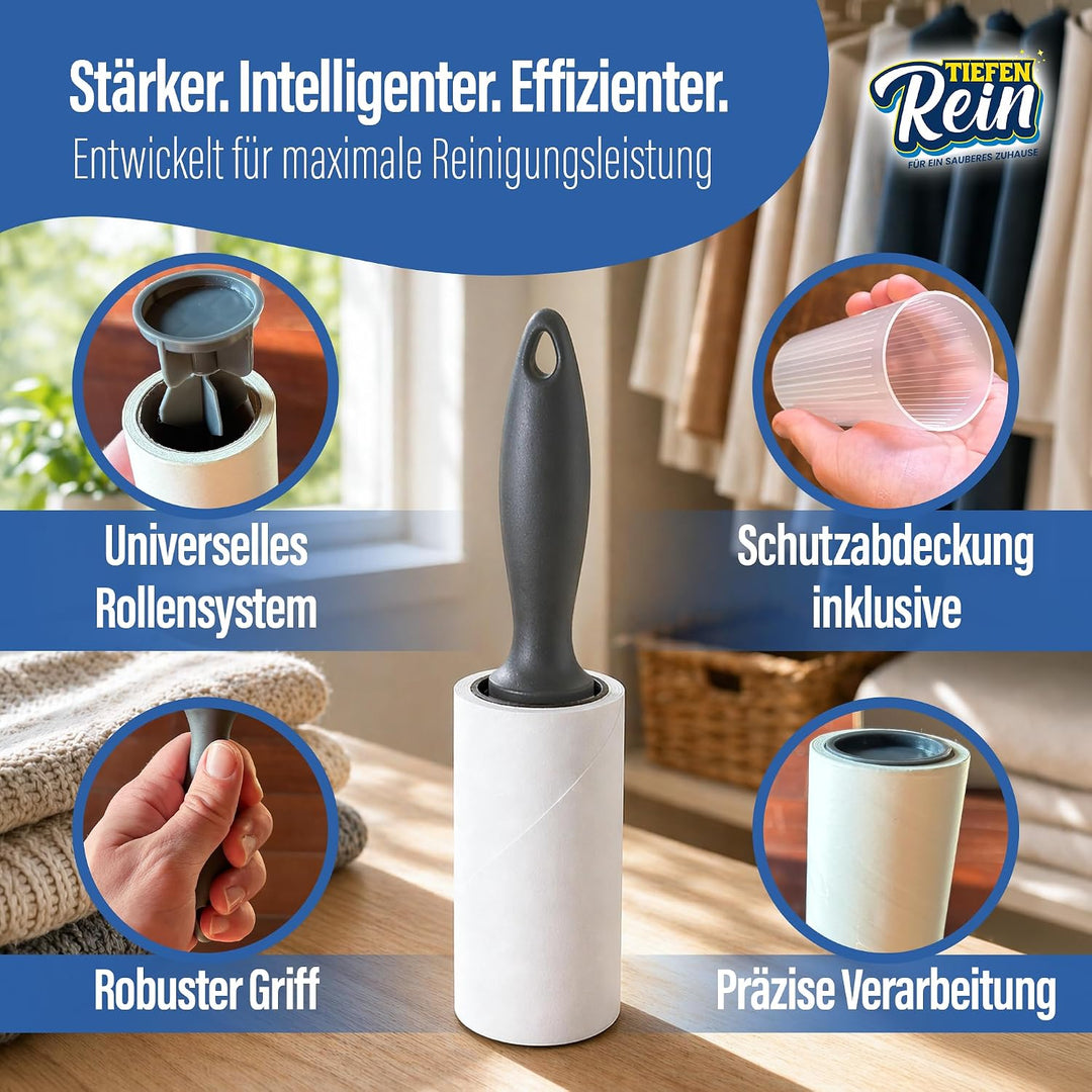 TiefenRein Fusselrolle Tierhaare &amp; Kleidung – 12er Set (1080 Blatt) 1 Griff &amp; 1 Staubschutzhülle 12