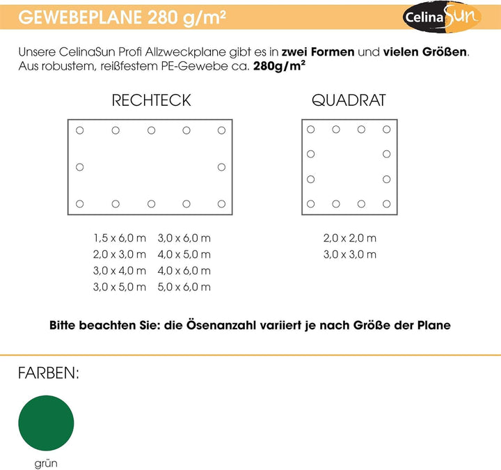 CelinaSun Gewebeplane 3x5 m grün mit Flechtleine schwarz 280 g/qm Gartenplane Abdeckung Anhängerplan