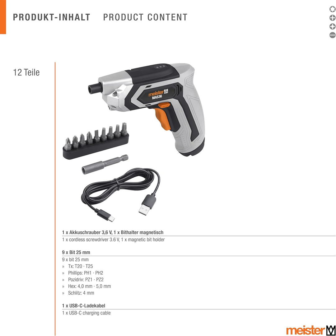 Meister Akkuschrauber 3,6 V, MAS36-2 Ah - LED-Arbeitsleuchte - Magnetische Ablage - Ideal zum Schrau