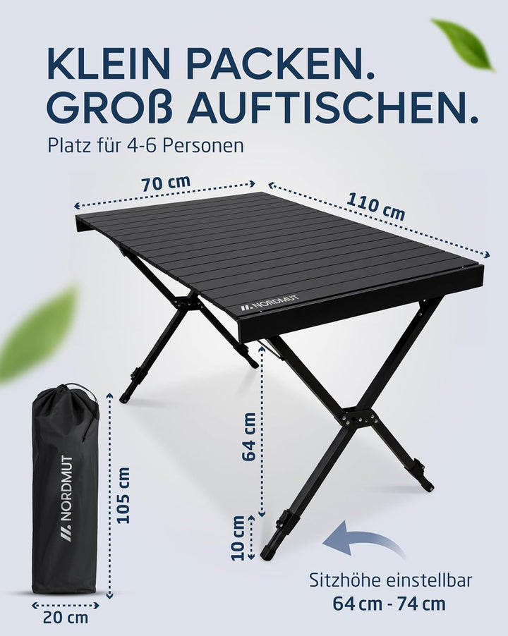 NORDMUT® Campingtisch klappbar – Hochwertiger Klapptisch Camping aus Aluminium – Rostfreier Campingt