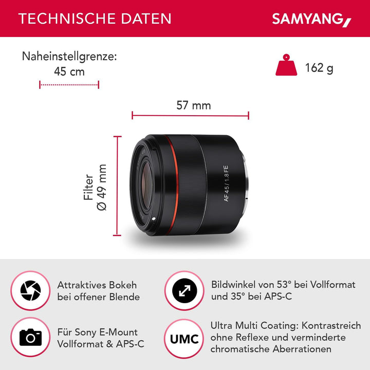 Samyang AF 45 mm F1.8 für Sony FE (Tiny but Premium) - Vollformat und APS-C Festbrennweite Autofokus