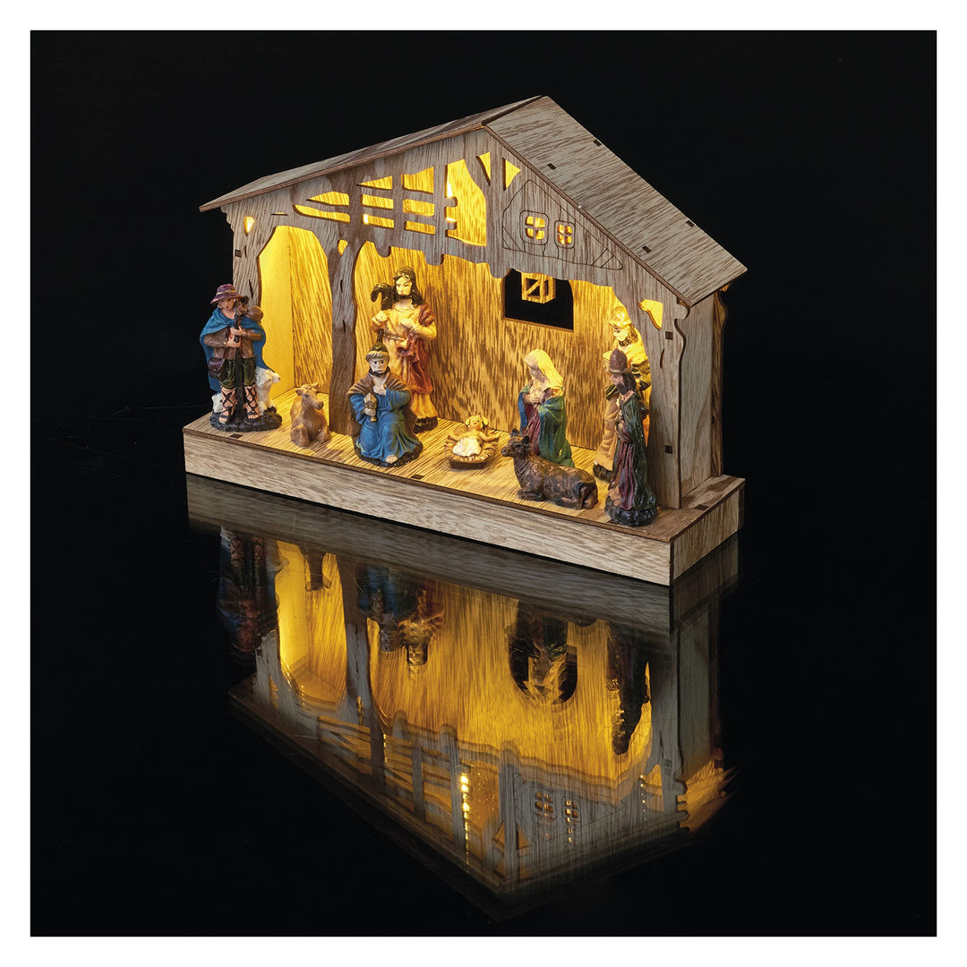 EMOS Weihnachtskrippe mit handbemalten Figuren, Weihnachtsdekoration mit 5 LEDs, warmweisses Licht,