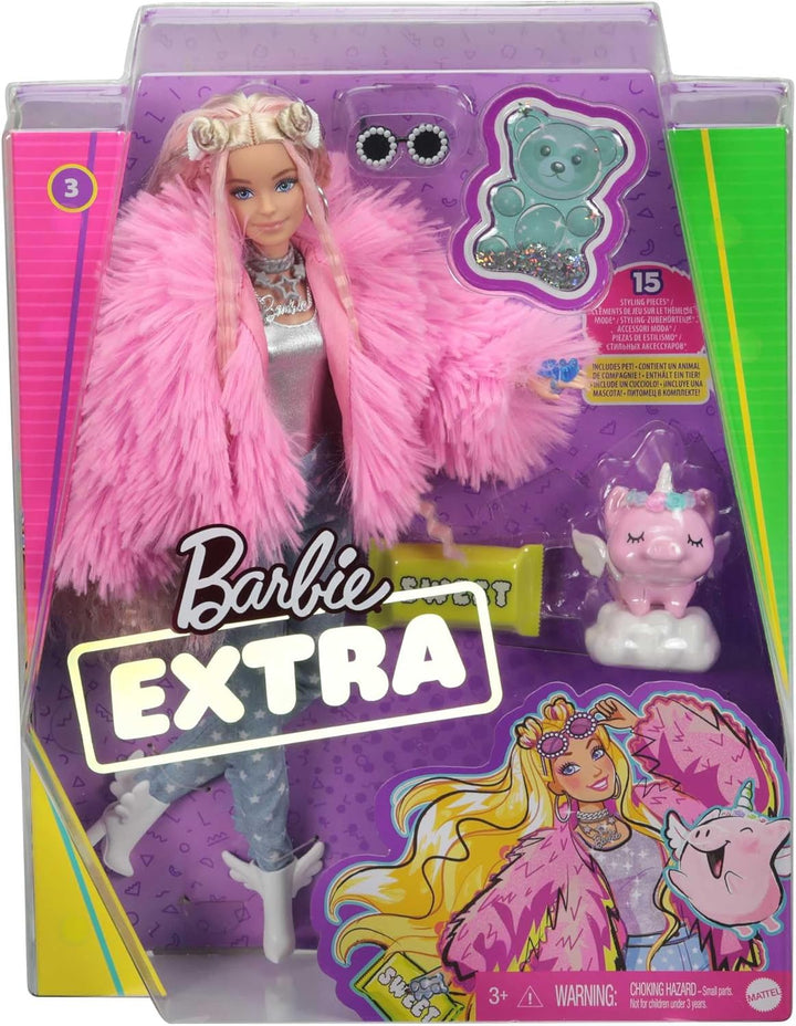 Barbie Extra, Barbie Puppe mit extra langen Haaren, inkl. Barbie Kleidung wie flauschiger Mantel und