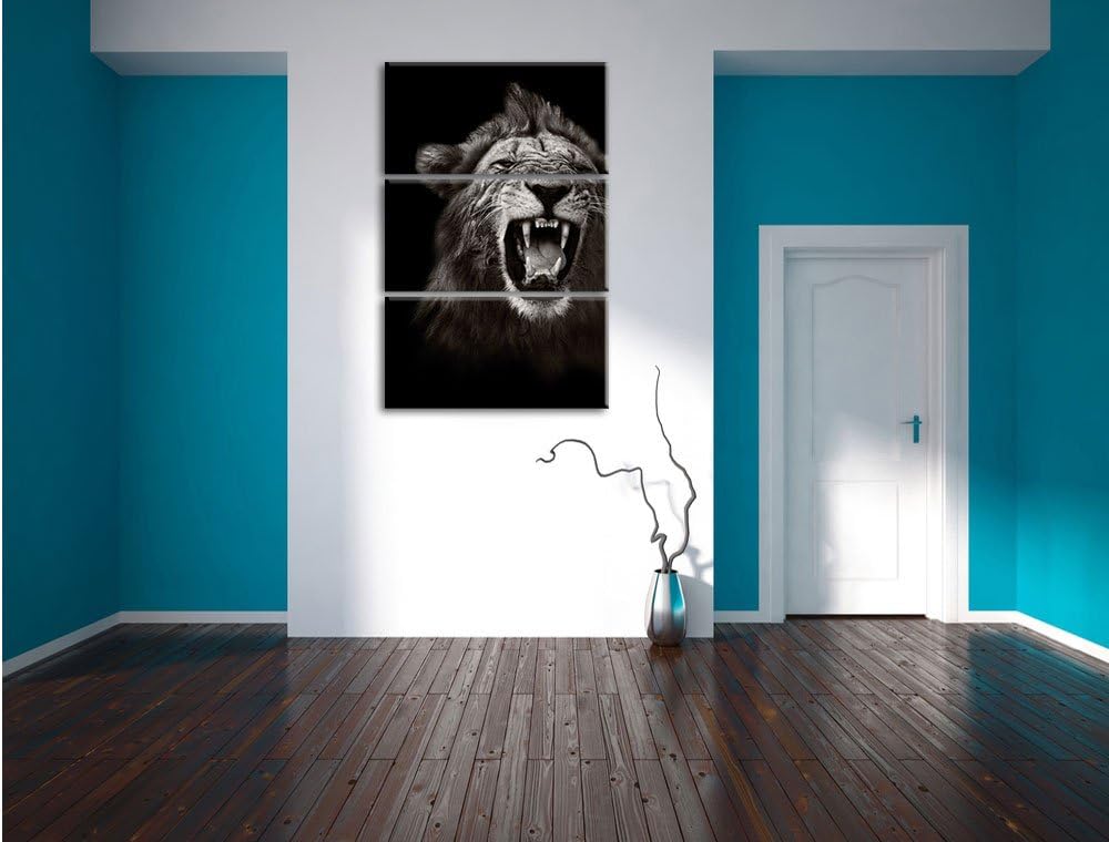 Pixxprint Dark Brüllender Löwe als Leinwandbild - Grösse: 3-Teilig (120x80cm) - Wandbild - Kunstdruc