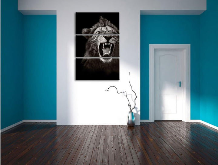Pixxprint Dark Brüllender Löwe als Leinwandbild - Grösse: 3-Teilig (120x80cm) - Wandbild - Kunstdruc