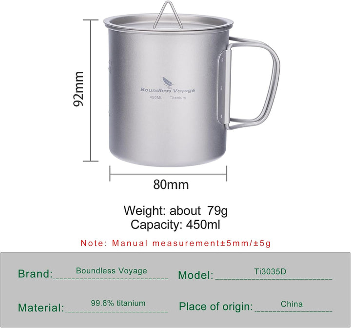 iBasingo 450ml Camping Becher Outdoor Tasse Titan Trinkbecher Mug mit Deckel & Klappgriff Ultraleich