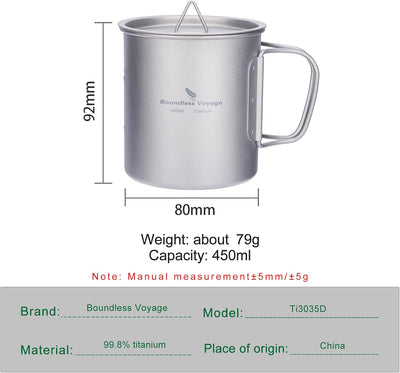 iBasingo 450ml Camping Becher Outdoor Tasse Titan Trinkbecher Mug mit Deckel & Klappgriff Ultraleich