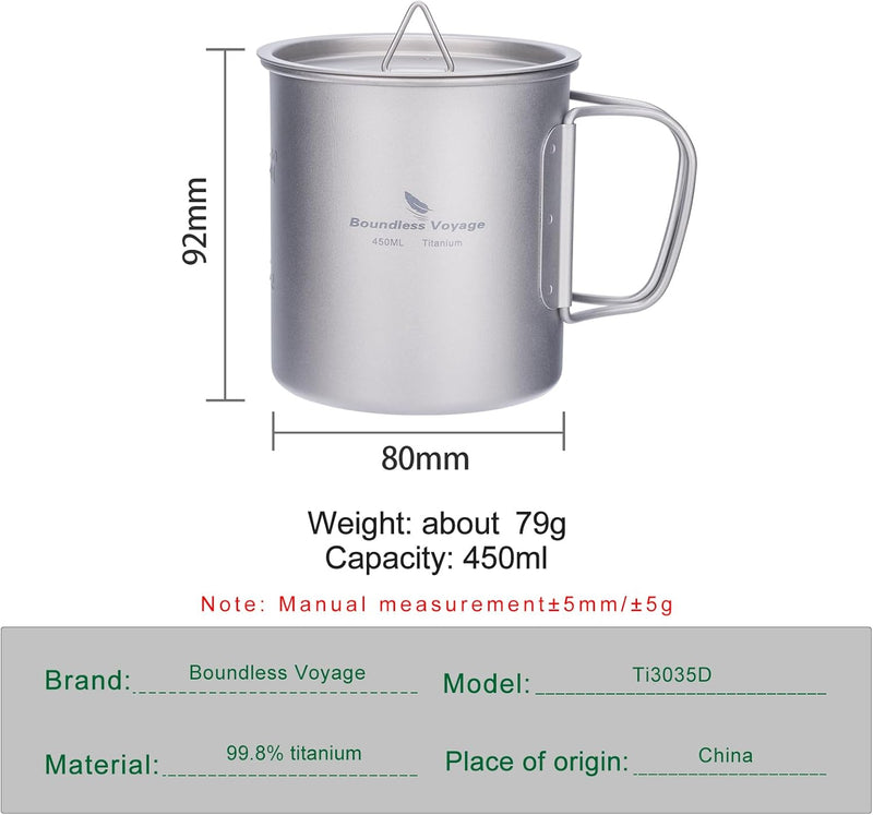 iBasingo 450ml Camping Becher Outdoor Tasse Titan Trinkbecher Mug mit Deckel & Klappgriff Ultraleich