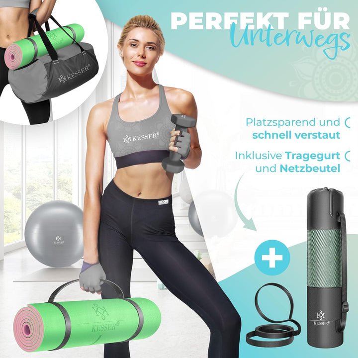 KESSER® Gymnastikmatte mit Tragegurt rutschfest TPE Yogamatte Gepolstert & rutschfest Fitnessmatte,
