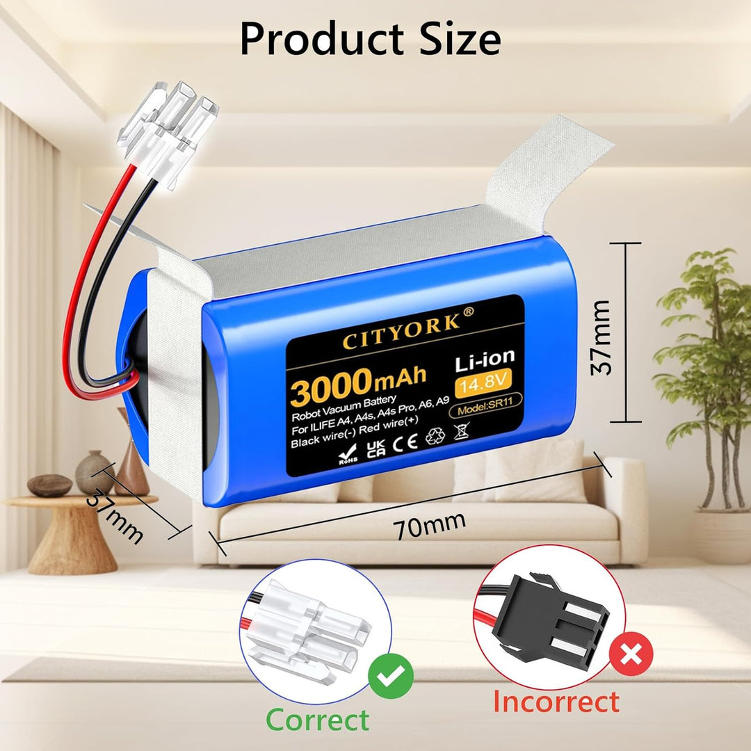CITYORK 3000mAh Akku für Zaco iLifeA4, A4s, A4s Pro, V7, V7S, V7 Plus/Pro, A6, A7, A8, A9, A10, A10