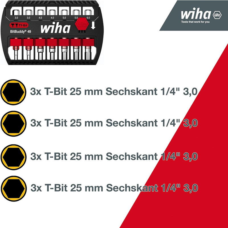 Wiha Bit Set BitBuddy 8-tlg. I TY-Bit 49 mm Sechskant 1/4" E6,3 I Zubehör für Schraubanwendungen I I