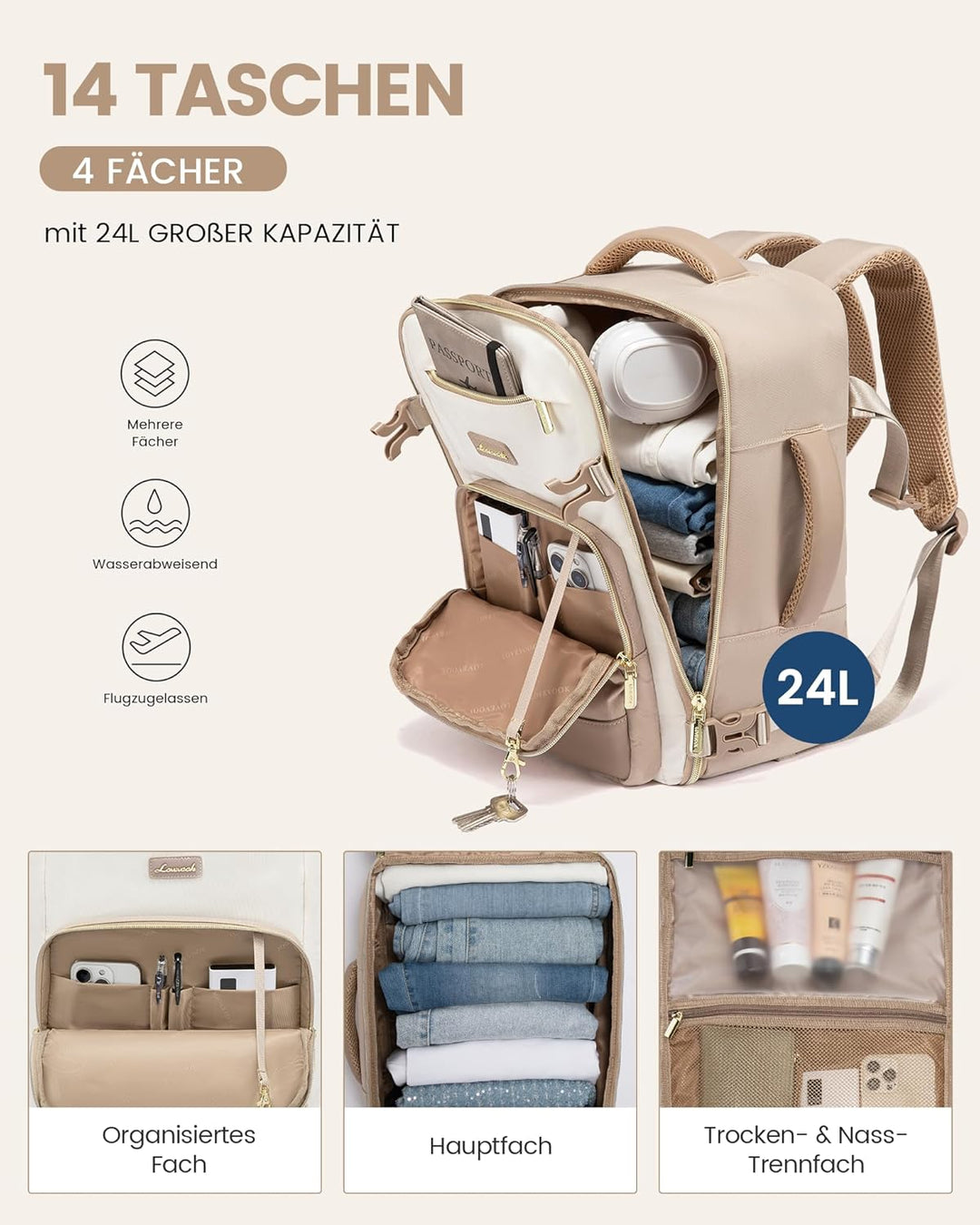 LOVEVOOK Handgepäck Rucksack, Rucksack Handgepäck Flugzeug, Gross Reiserucksack Damen Spritzwasserfe