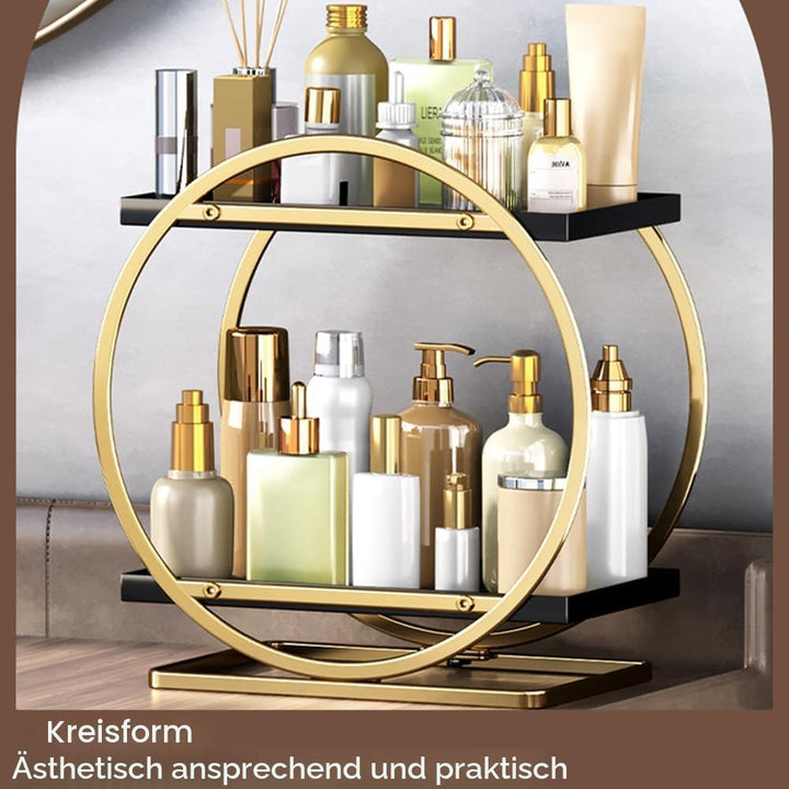 Make-up-Organizer für Schminktisch, 2-stöckig, Metall, Goldfarben, Modern, Kosmetik-Aufbewahrungsreg