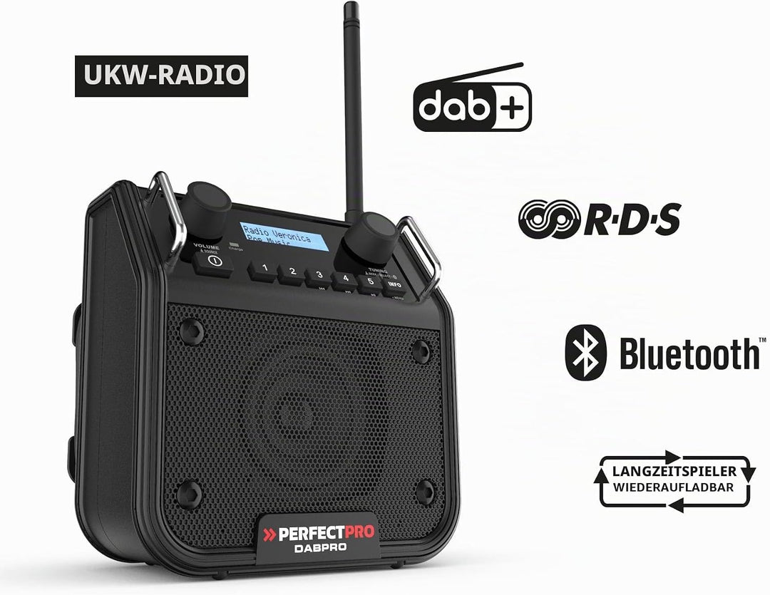 PerfectPro Baustellenradio DABPRO, DAB+ und UKW-Empfang, AUX-Eingang, MP3, Bluetooth, Netzstrom und