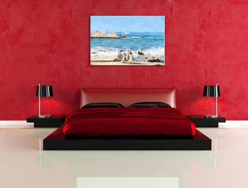 Pinguine am Strand als Leinwandbild/Grösse: 100x70 cm/Wandbild/Kunstdruck/fertig bespannt, 100x70