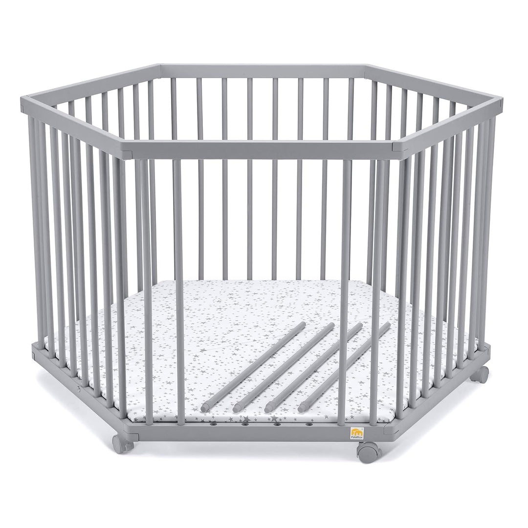 FabiMax Baby Laufgitter 6-eck Grau lackiert, stufenlos höhenverstellbar, mit Schlupfsprossen, Laufst