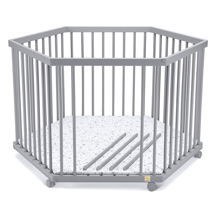 FabiMax Baby Laufgitter 6-eck Grau lackiert, stufenlos höhenverstellbar, mit Schlupfsprossen, Laufst