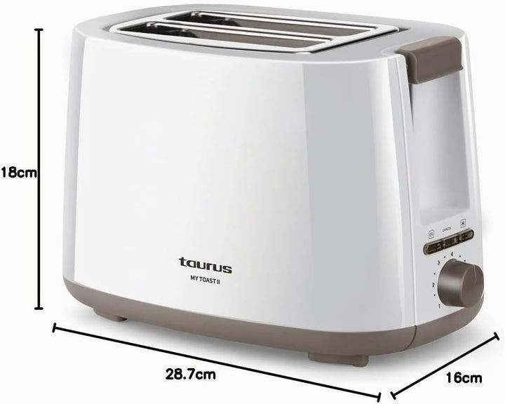 Taurus Mytoast II - Zwei-Schlitz-Toaster | 750W | Funktionen Stopp | Wiederaufwärmen und Auftauen |