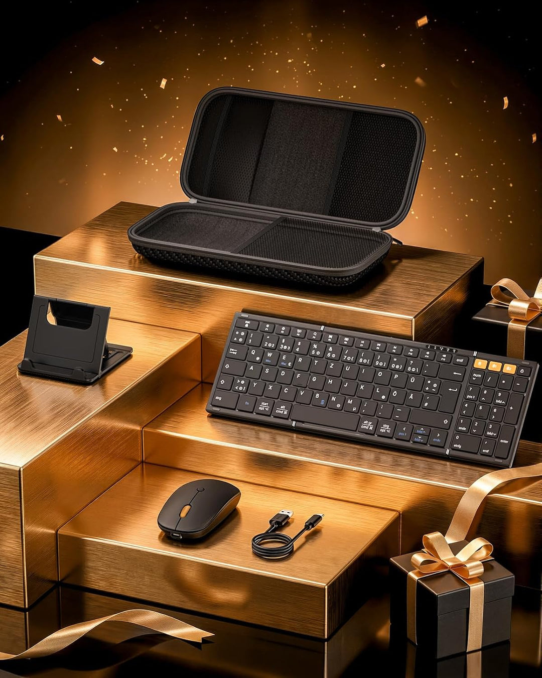 MoKo Faltbare Bluetooth Tastatur mit Maus, QWERTZ Deutsches Layout, Kabellose 2.4G + Dual Bluetooth