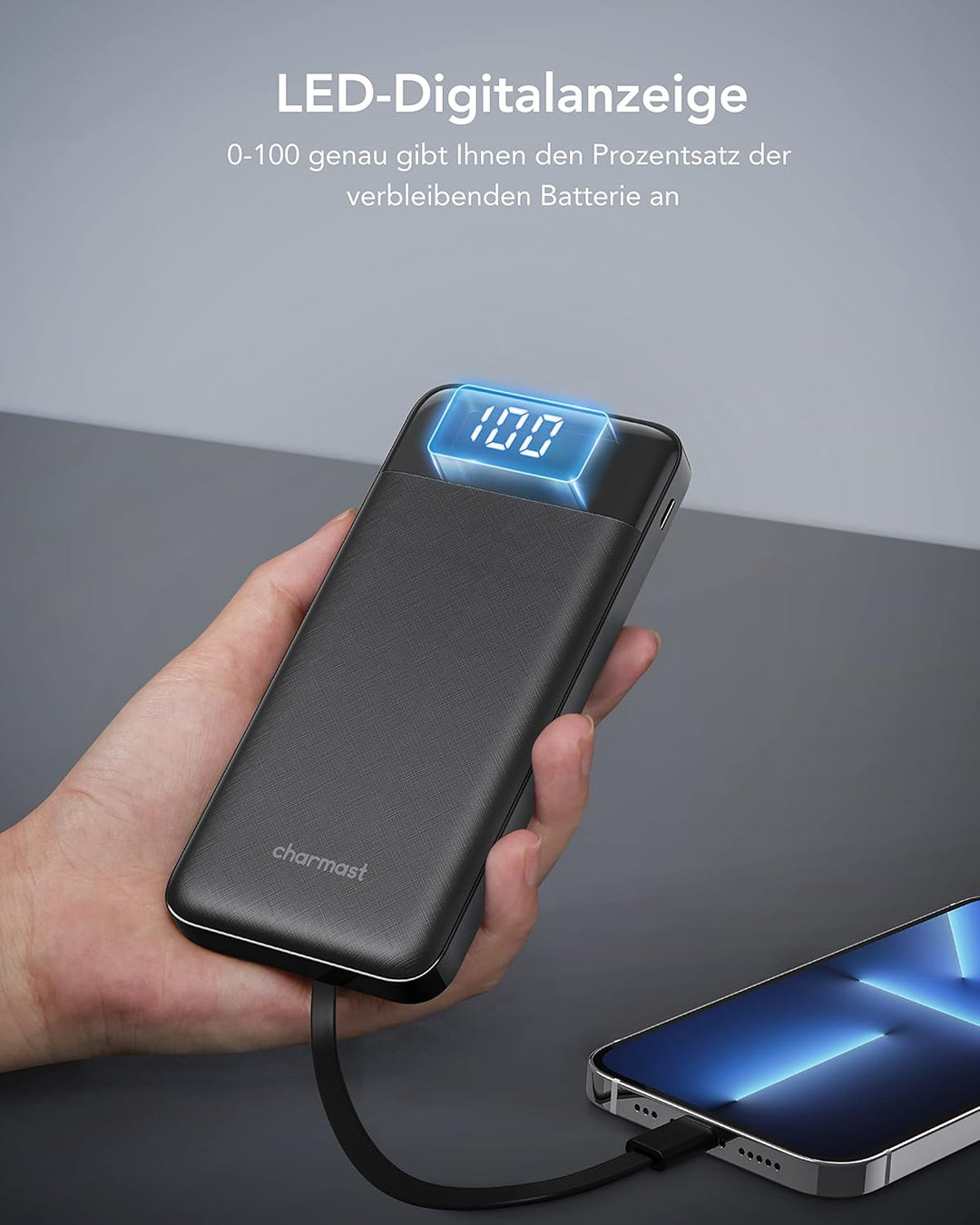 Charmast Powerbank 10000mAh Externer Akku USB C Power Bank mit 4 integriertes Ladekabel Tragbares La