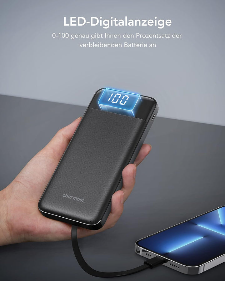 Charmast Powerbank 10000mAh Externer Akku USB C Power Bank mit 4 integriertes Ladekabel Tragbares La