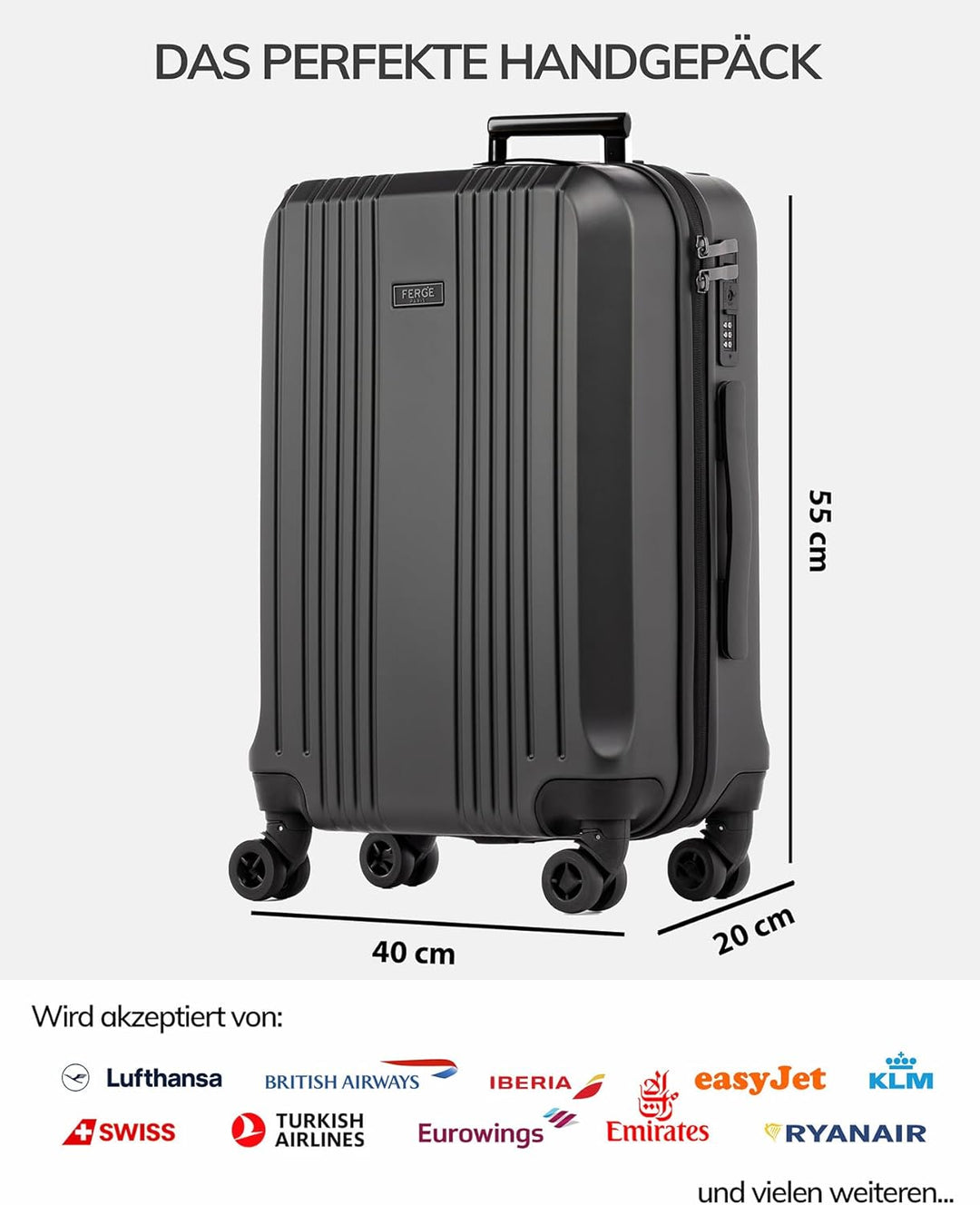 FERGÉ Handgepäck-Koffer Hartschale mit TSA Schloss Cannes Bordgepäck Rollkoffer 55 cm Reisekoffer Ka