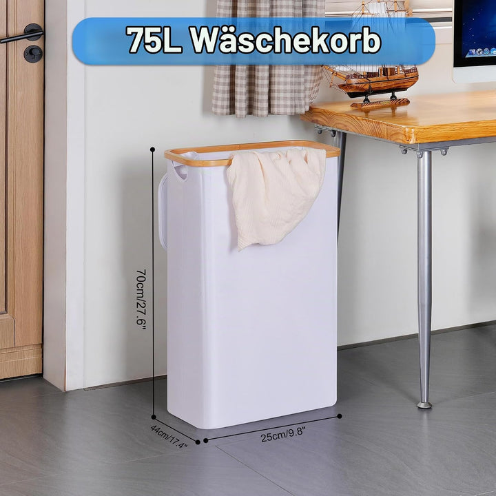 efluky Wäschekorb mit Deckel 75L, Schmal Wäschekorb mit Waschbarer Innentasche, Weiss Wäschebehälter