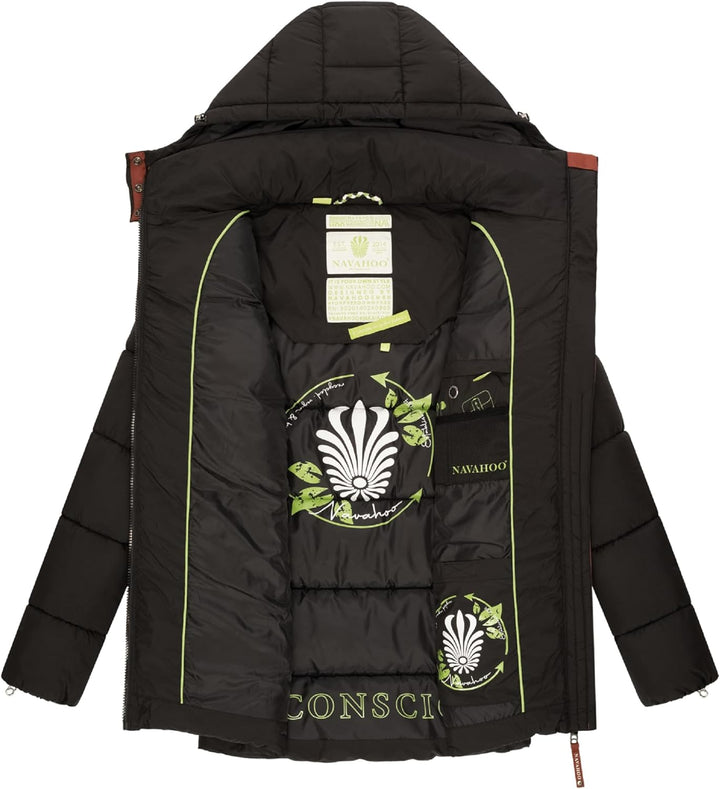 Navahoo Damen Kurze Winterjacke Steppjacke warm mit Abnehmbarer Kapuze Wattewölkchen XS-XXL S Schwar