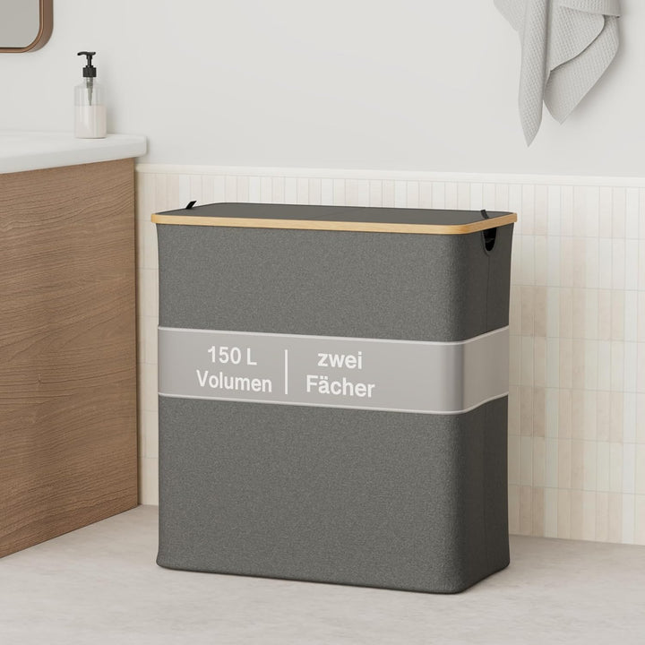Wäschekorb mit 2 Deckel 2 Fächer 150 Liter Bambus-Stoff Grau Gross XXL - Wäschekorb Grau Dunkelgrau