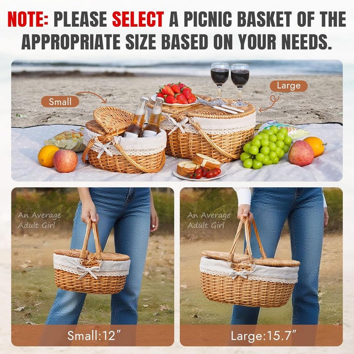 Happypicnic Picknickkorb aus Weidengeflecht mit Griff, 38,1 cm grosser, leerer Picknickkorb mit Deck