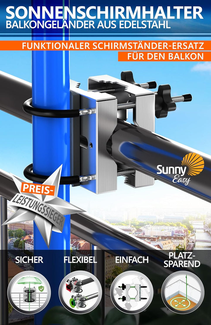 4smile Sonnenschirmhalter Balkongeländer - Edelstahl Schirmhalterung Balkongeländer SunnyEasy als So