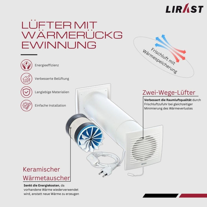 Ø 125mm Dezentrale Wohnraumlüftung mit Wärmerückgewinnung - Mit Kabel und Zugschnur Mit Kabel und Zu