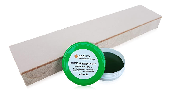PODURO Streichriemen und Pasten-Set Kombi « Abziehleder auf Holz und Chromoxid Schleifpaste zum Mess