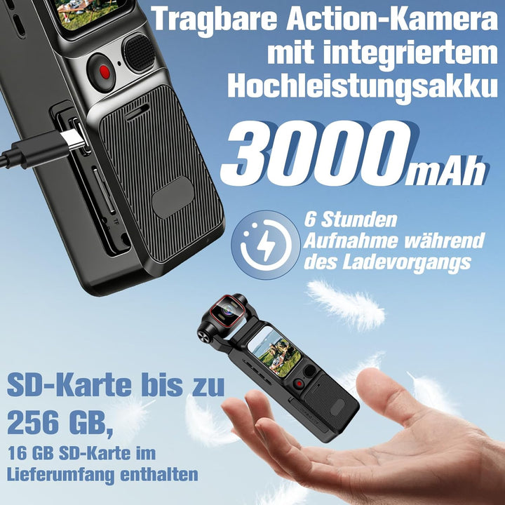 Vlogging Wifi Action Kamera 4K, 160°-Sport Actionkamera, Tragbare Taschenkamera mit um 180° Drehbare