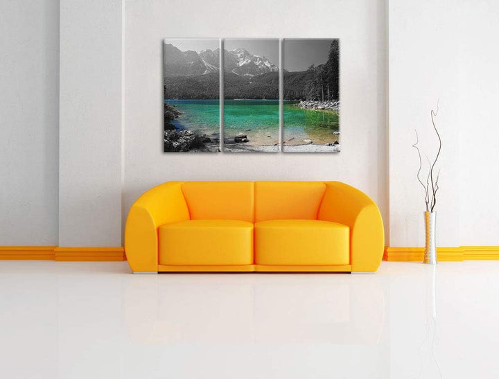 Eibsee vor der Zugspitze schwarz/weiss 3-Teiler Leinwandbild 120x80 Bild auf Leinwand, XXL riesige B