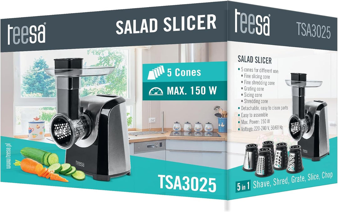 Teesa TSA3025 Elektrisches Schnitzelwerk für Gemüse Zerkleiner, 5 Trommelaufsätze,