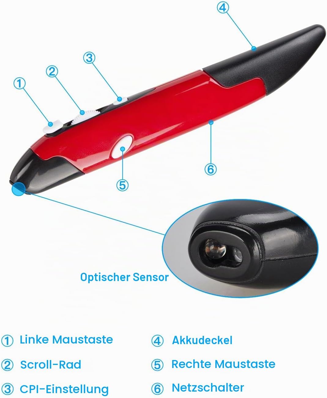 Lychee Lyhee Kabelloser Maus-Stift, 2,4 GHz, optische USB-Maus mit einstellbaren DPI-Werten auf 500/