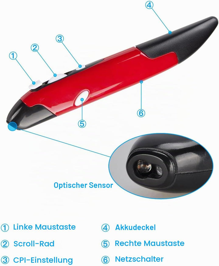 Lychee Lyhee Kabelloser Maus-Stift, 2,4 GHz, optische USB-Maus mit einstellbaren DPI-Werten auf 500/