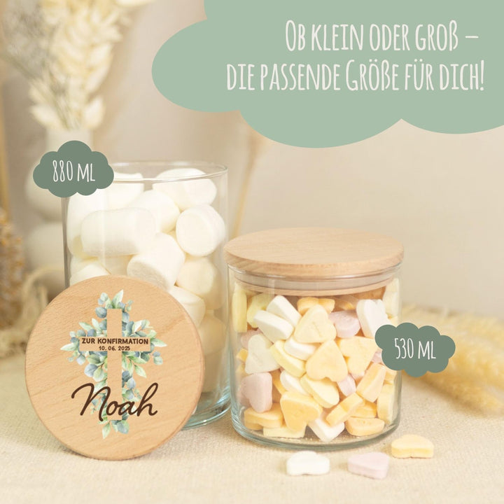 GRAVURZEILE Vorratsglas mit bedrucktem Holzdeckel - Konfirmation Kreuz - Personalisiert mit Name & D